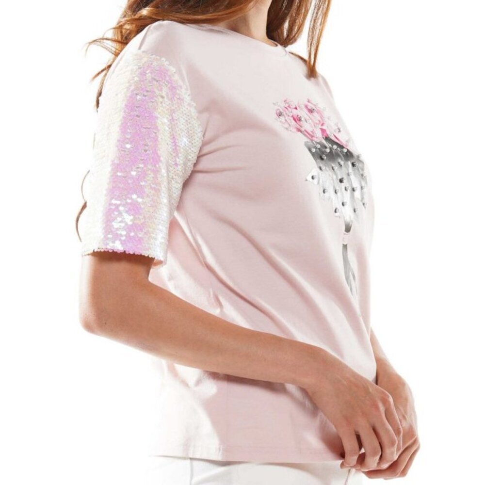 Why Dress Sequin Sleeve Screen Printed T-Shirt Pink- Small - Picture 6 of 15